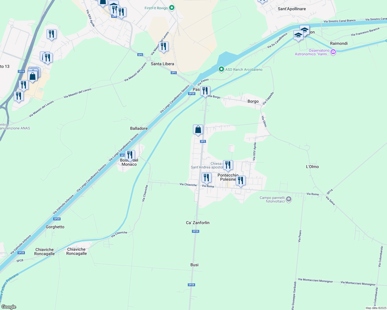 map of restaurants, bars, coffee shops, grocery stores, and more near 1623 Via G. Falcone in Provincia di Rovigo