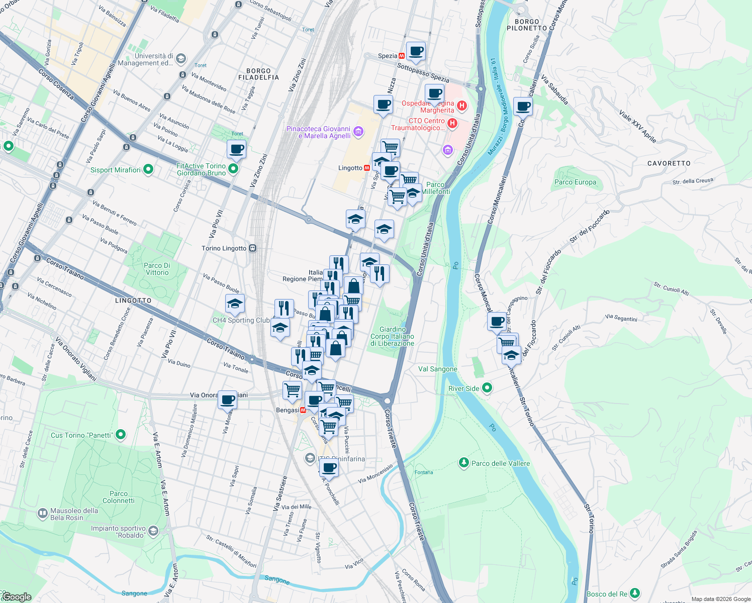 map of restaurants, bars, coffee shops, grocery stores, and more near in Torino