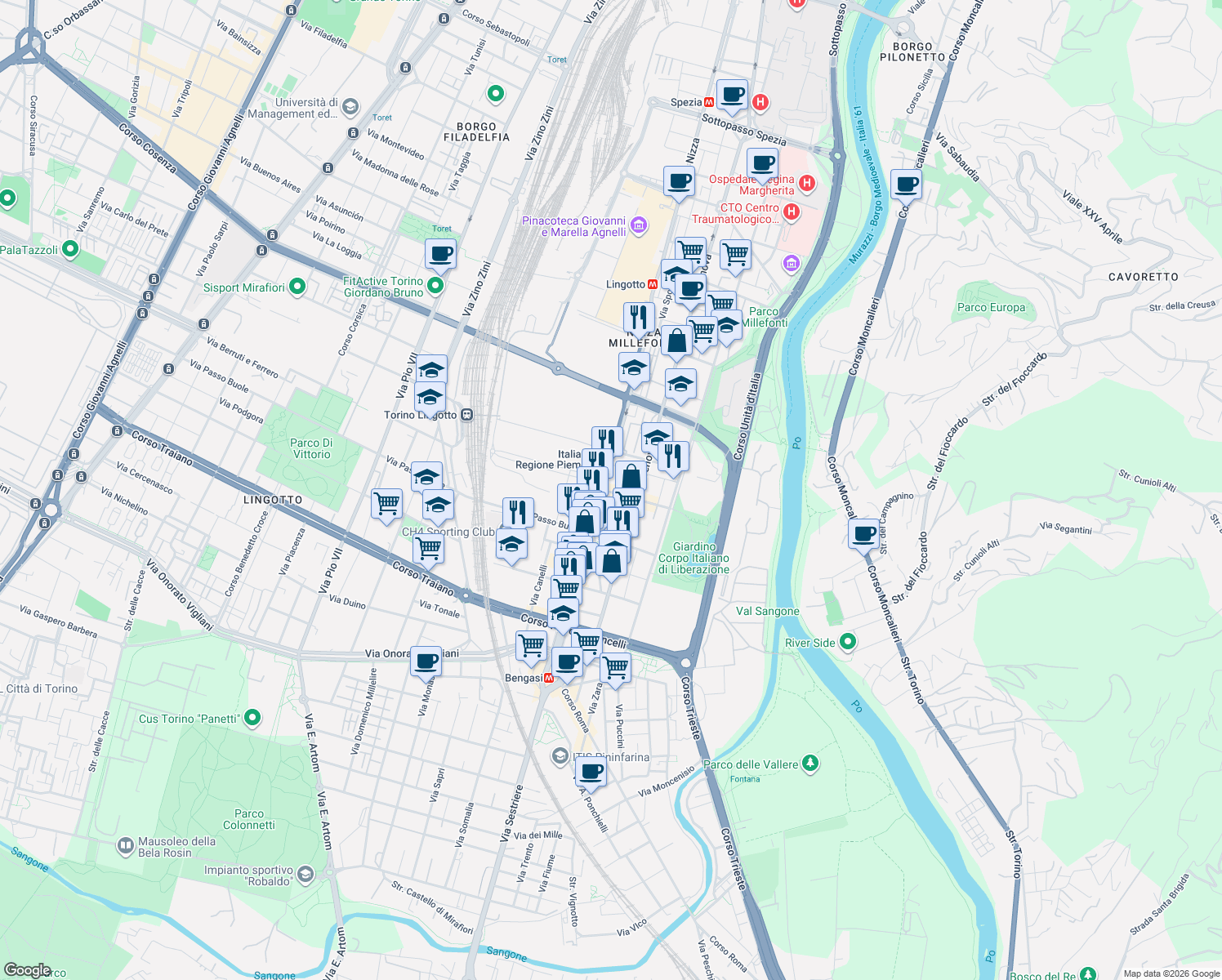 map of restaurants, bars, coffee shops, grocery stores, and more near 10 Via Caramagna in Turin