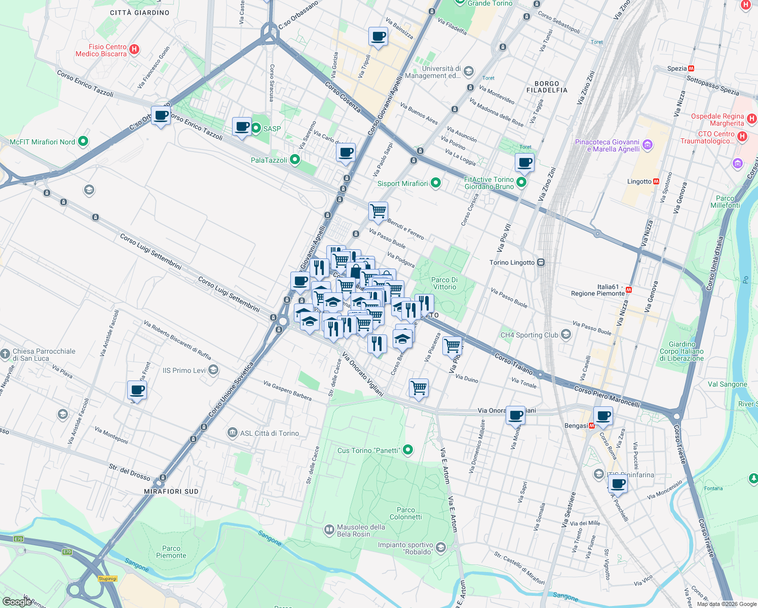 map of restaurants, bars, coffee shops, grocery stores, and more near 40 Corso Traiano in Turin