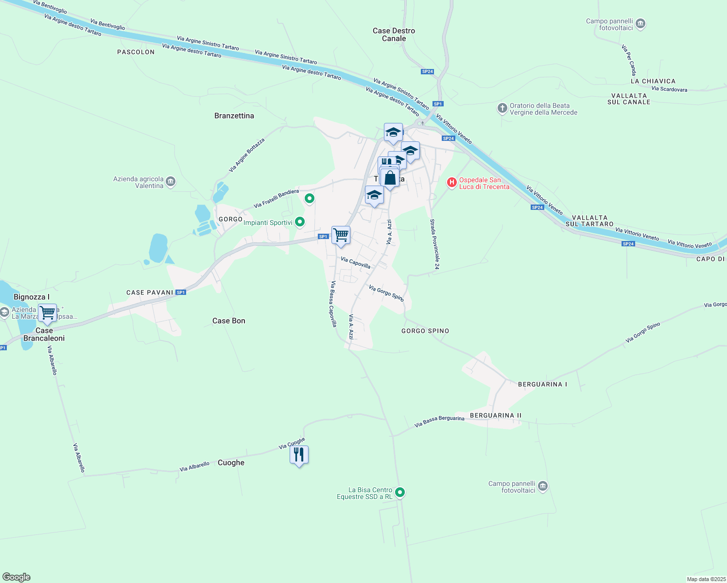 map of restaurants, bars, coffee shops, grocery stores, and more near 569 Via A. Azzi in Trecenta
