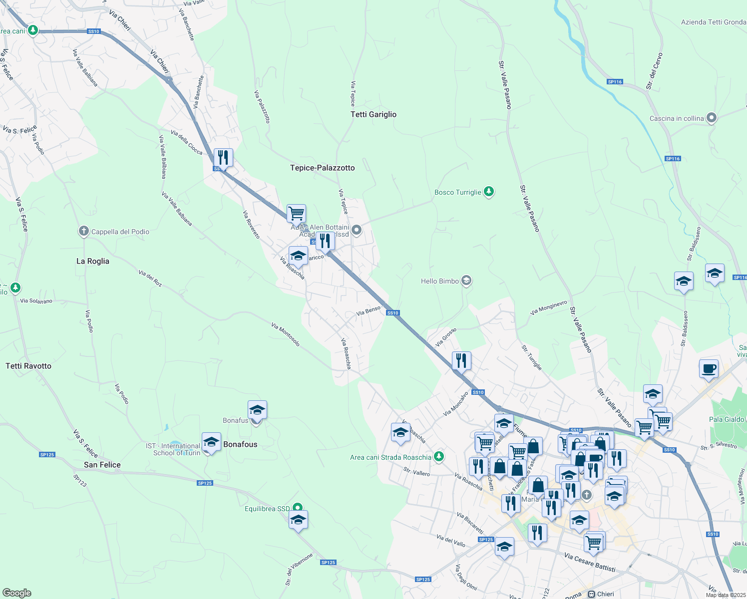 map of restaurants, bars, coffee shops, grocery stores, and more near 107 Corso Torino in Chieri