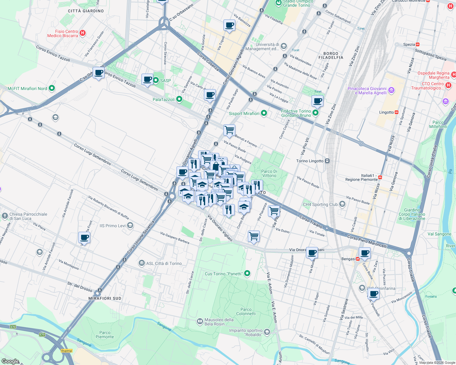 map of restaurants, bars, coffee shops, grocery stores, and more near 40 Corso Traiano in Turin