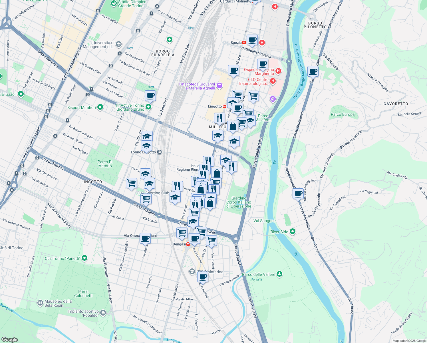 map of restaurants, bars, coffee shops, grocery stores, and more near 10 Via Caramagna in Torino
