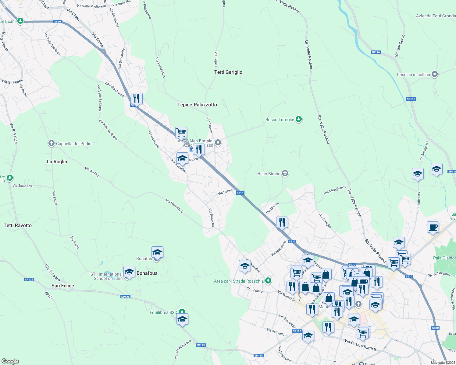 map of restaurants, bars, coffee shops, grocery stores, and more near 107 Corso Torino in Chieri