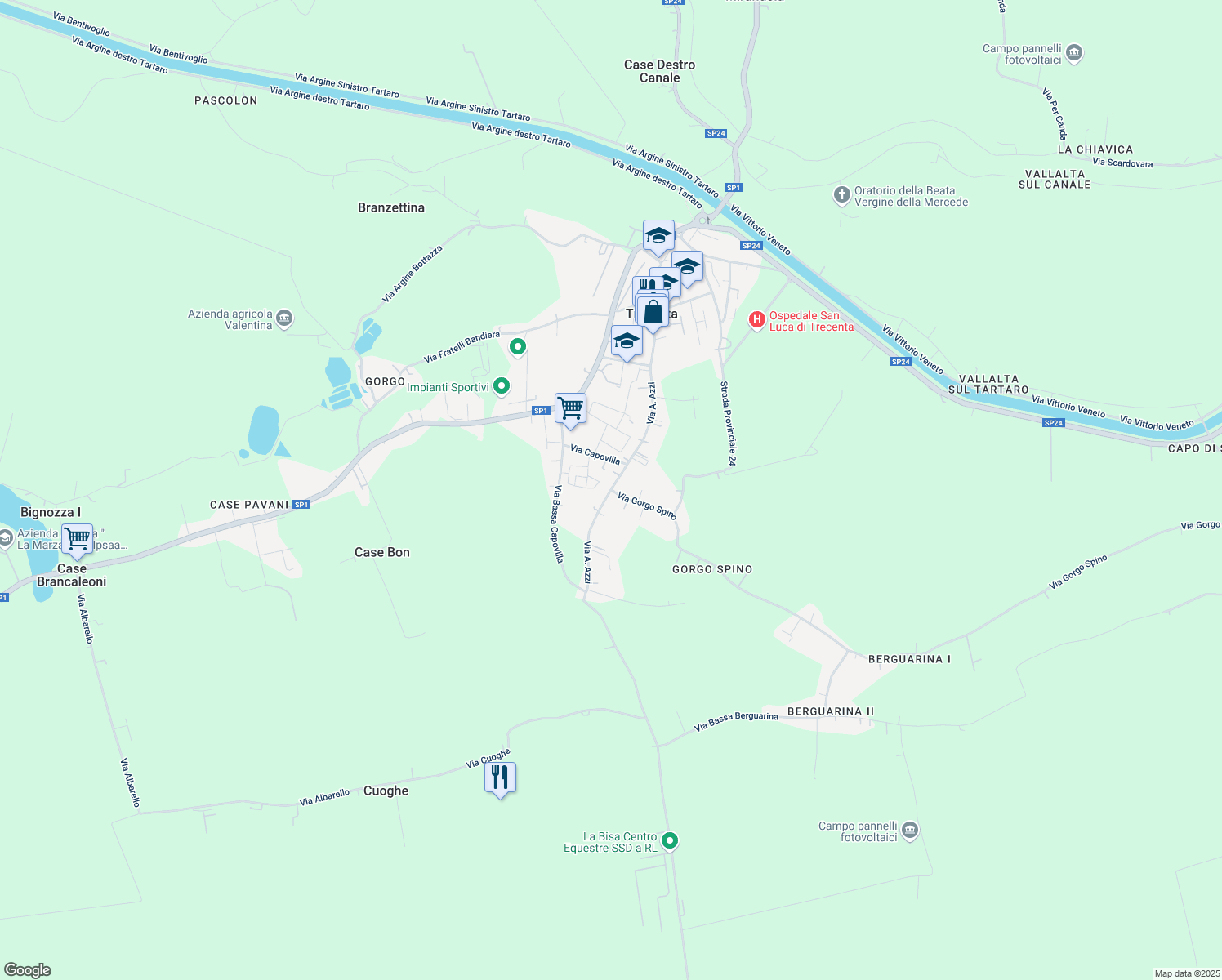map of restaurants, bars, coffee shops, grocery stores, and more near 569 Via A. Azzi in Trecenta