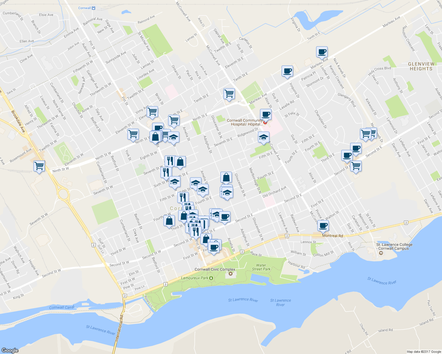 map of restaurants, bars, coffee shops, grocery stores, and more near 441 Adolphus St in Cornwall