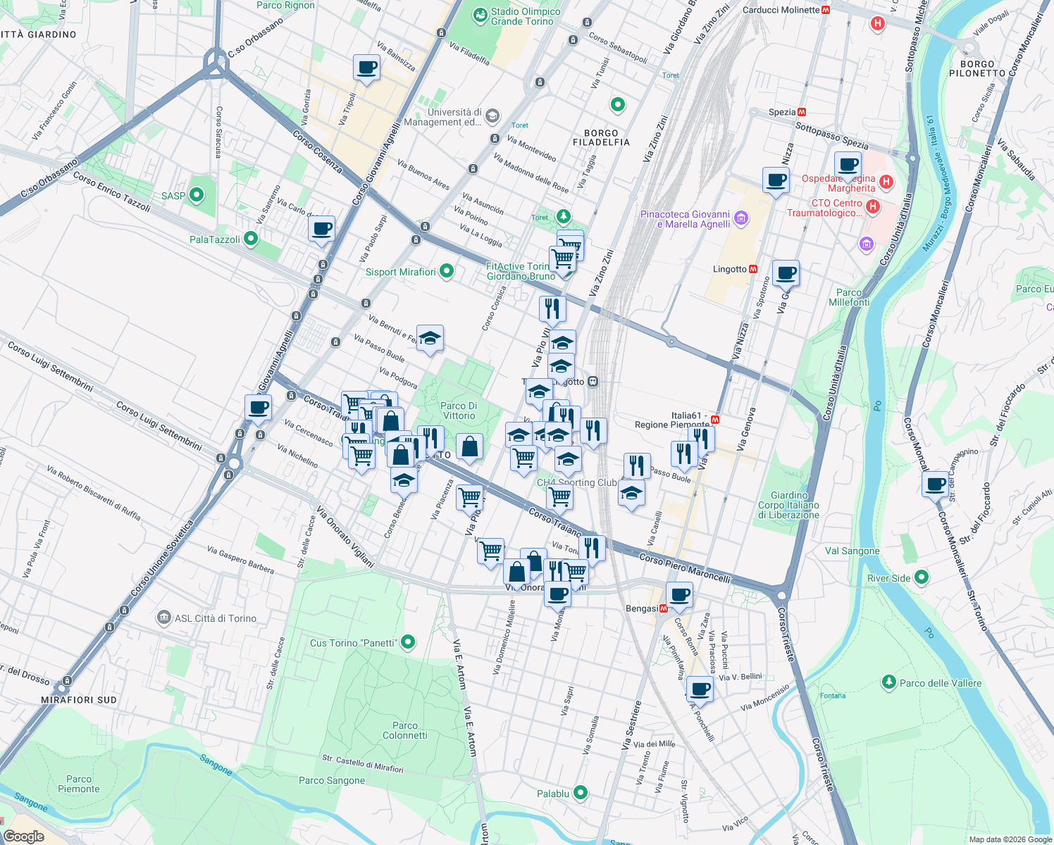 map of restaurants, bars, coffee shops, grocery stores, and more near 7 Strada Basse del Lingotto in Torino
