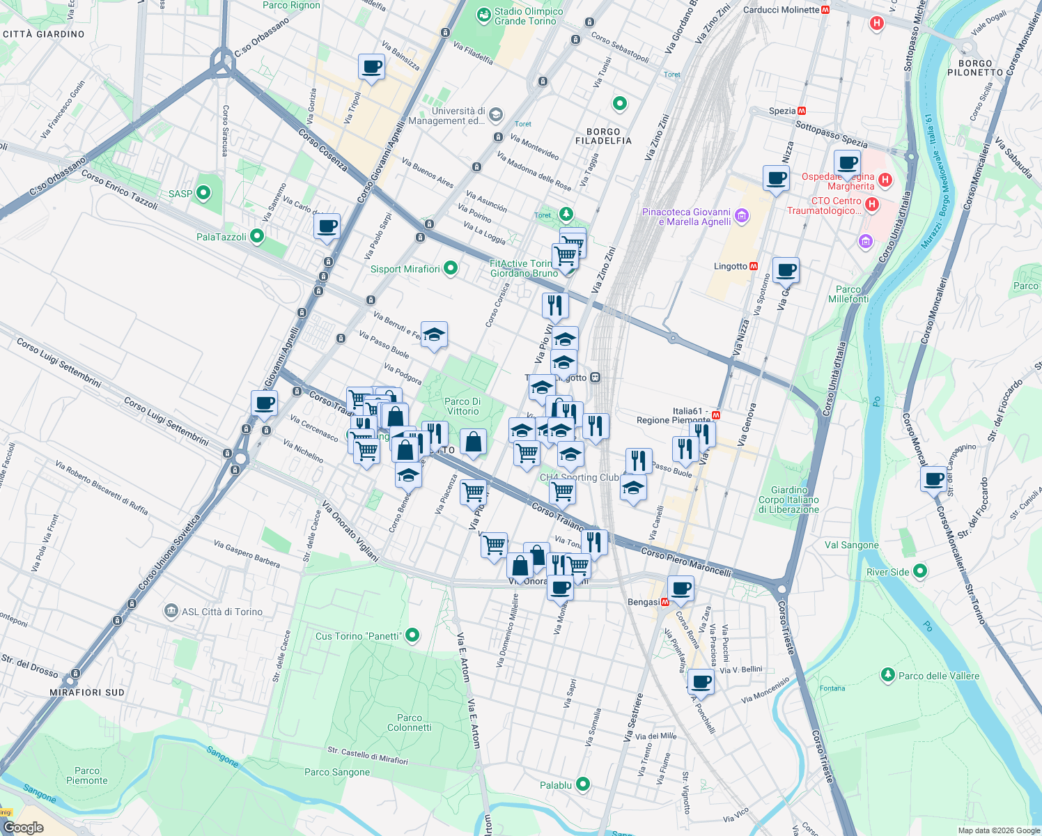 map of restaurants, bars, coffee shops, grocery stores, and more near 7 Strada Basse del Lingotto in Torino
