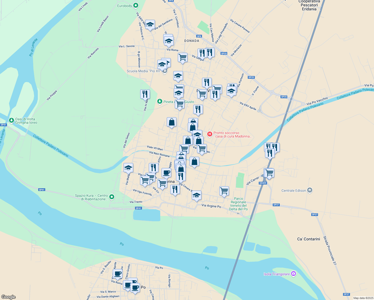 map of restaurants, bars, coffee shops, grocery stores, and more near 1 Via Nello Fregnan in Porto Viro
