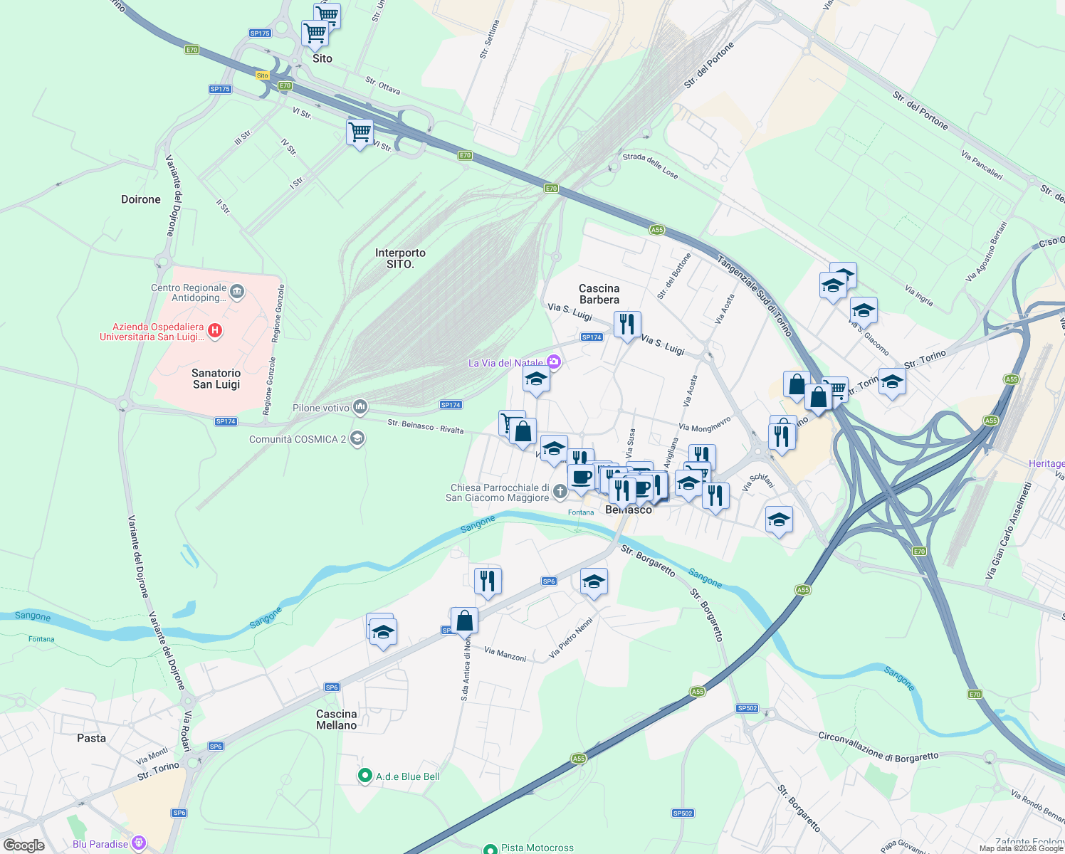 map of restaurants, bars, coffee shops, grocery stores, and more near 19 Via Cristoforo Colombo in Beinasco