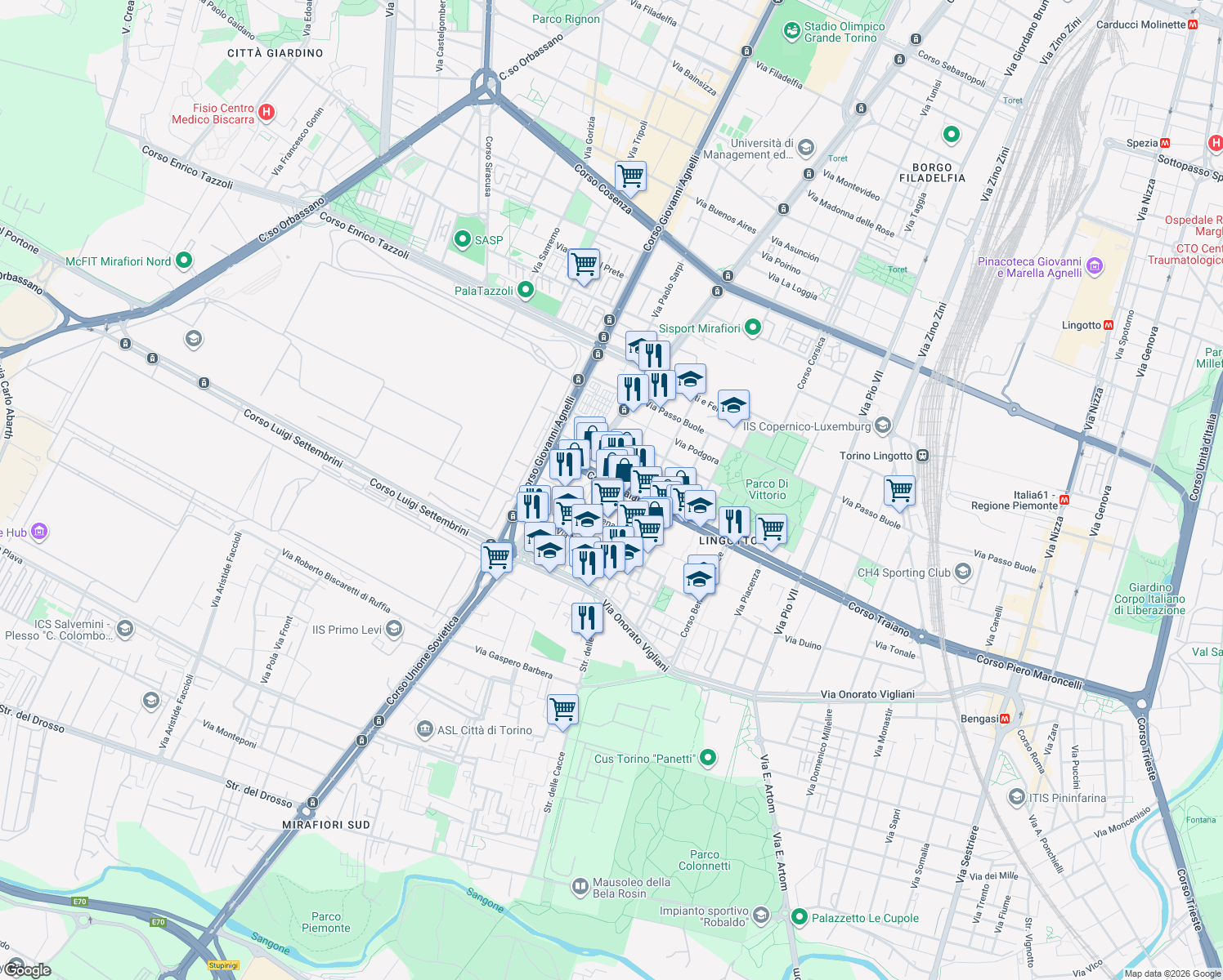 map of restaurants, bars, coffee shops, grocery stores, and more near 32-38 Via Melchiorre Voli in Turin