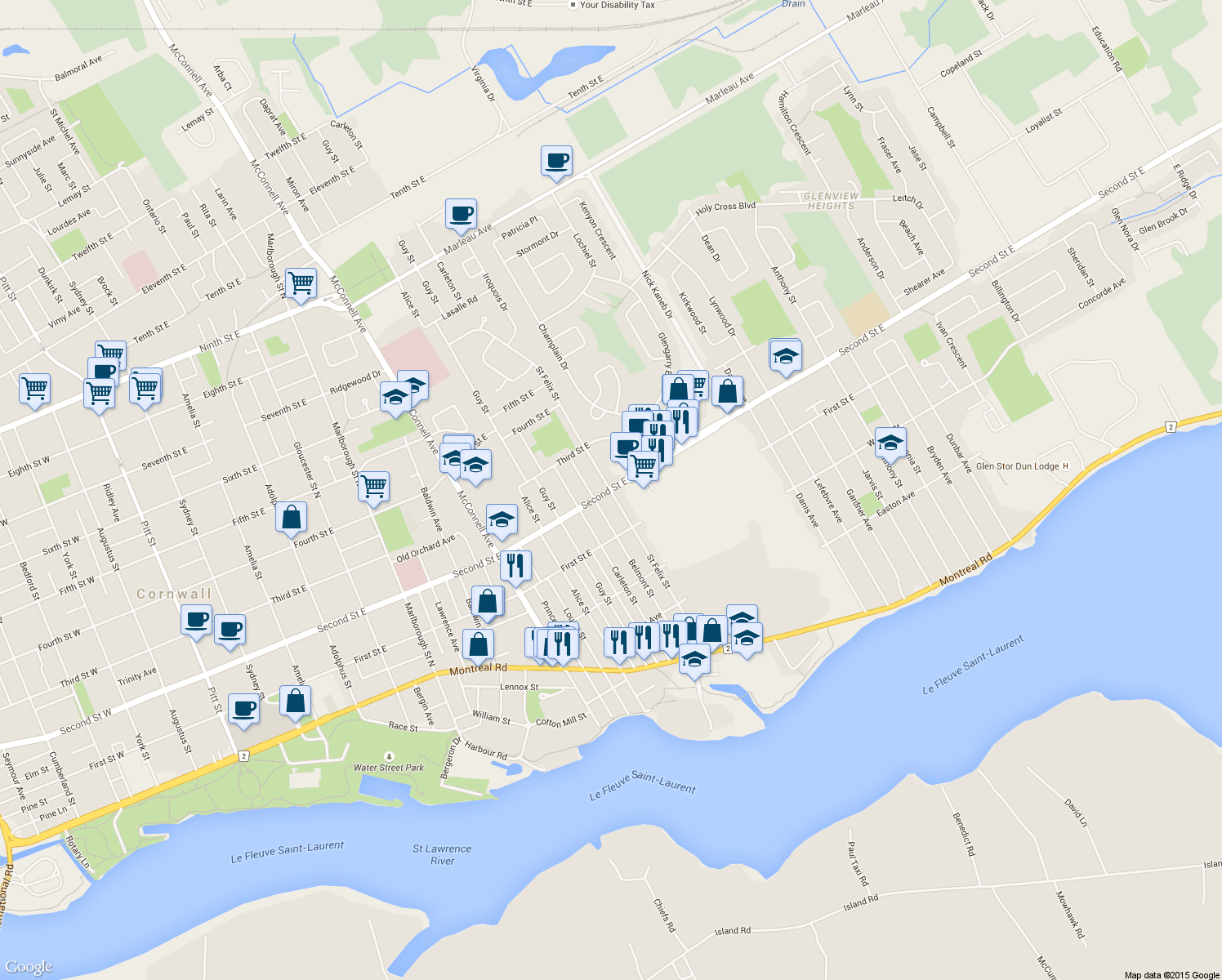 map of restaurants, bars, coffee shops, grocery stores, and more near 1301 Second Street East in Cornwall
