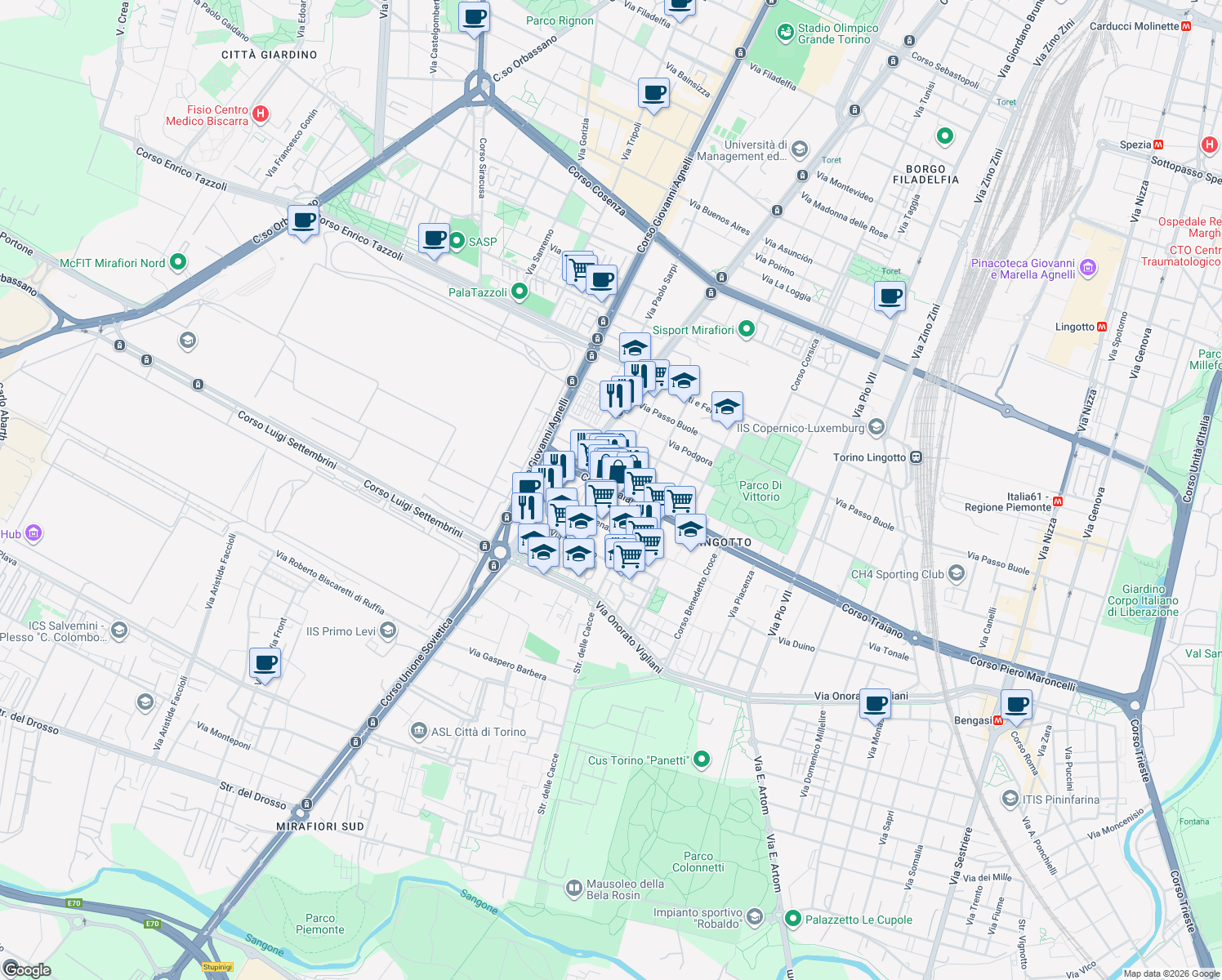 map of restaurants, bars, coffee shops, grocery stores, and more near 38 Via Melchiorre Voli in Torino