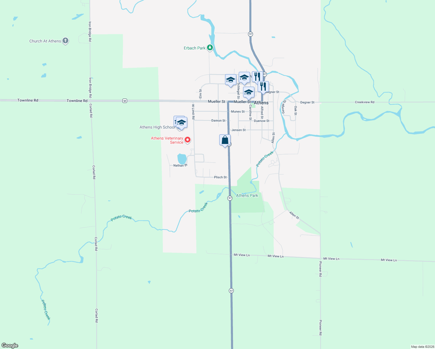 map of restaurants, bars, coffee shops, grocery stores, and more near 600 Plisch Street in Athens