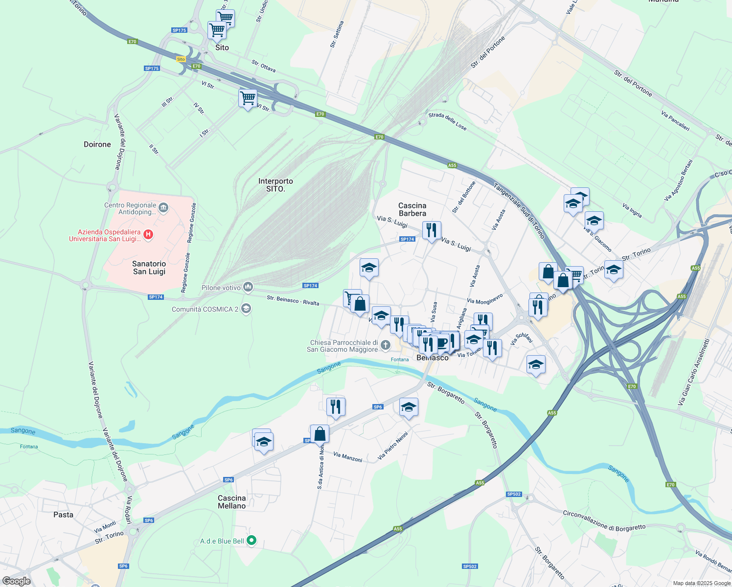 map of restaurants, bars, coffee shops, grocery stores, and more near 19 Via Cristoforo Colombo in Beinasco