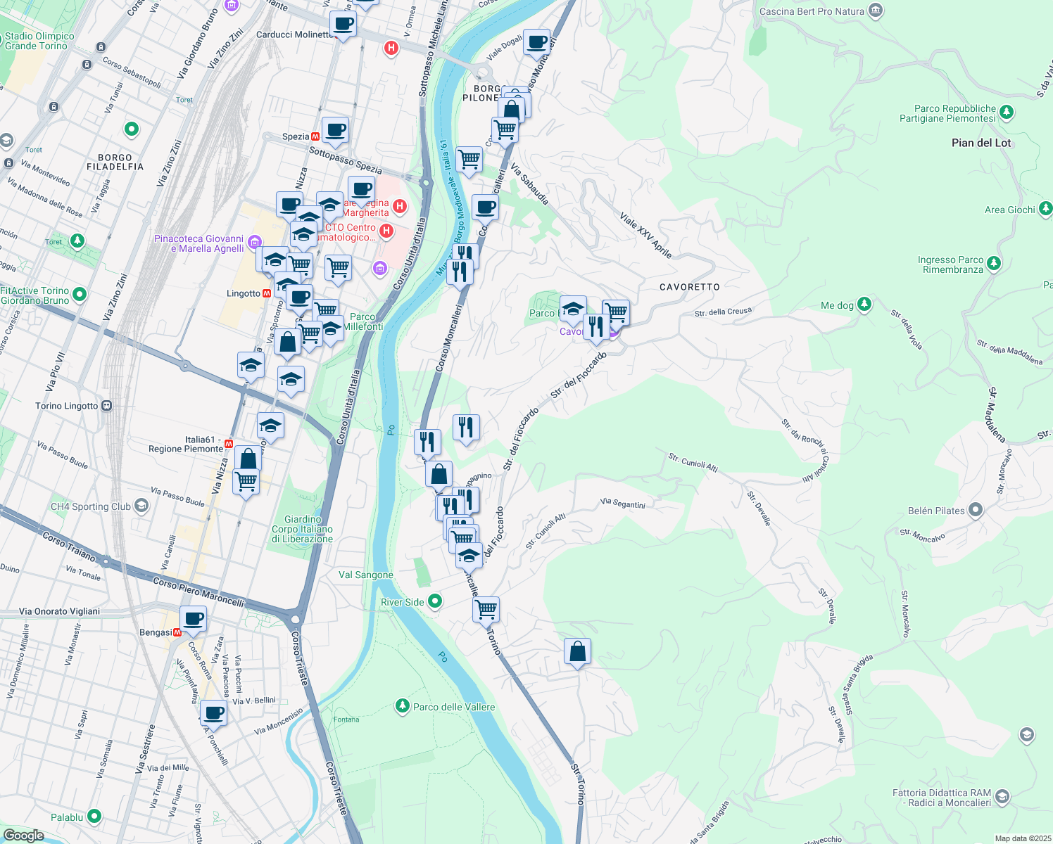 map of restaurants, bars, coffee shops, grocery stores, and more near 91-95 Strada del Fioccardo in Torino