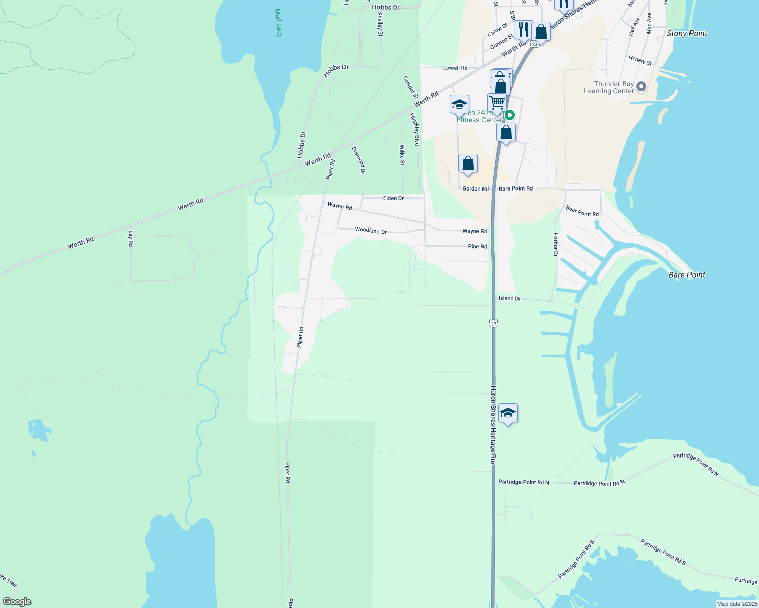 map of restaurants, bars, coffee shops, grocery stores, and more near 1599 Jesse Rd in Alpena