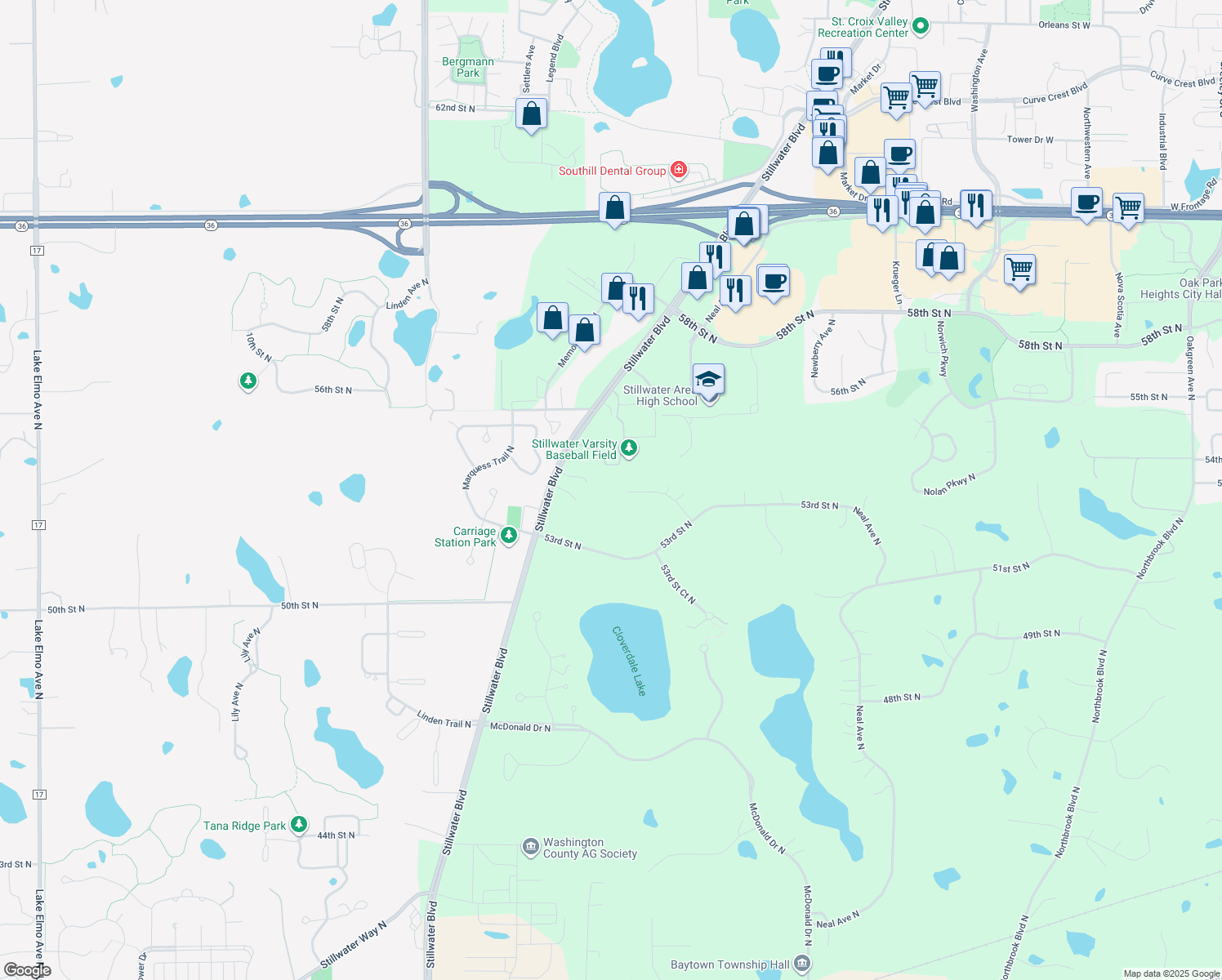 map of restaurants, bars, coffee shops, grocery stores, and more near 5380 Monarda Avenue North in Stillwater