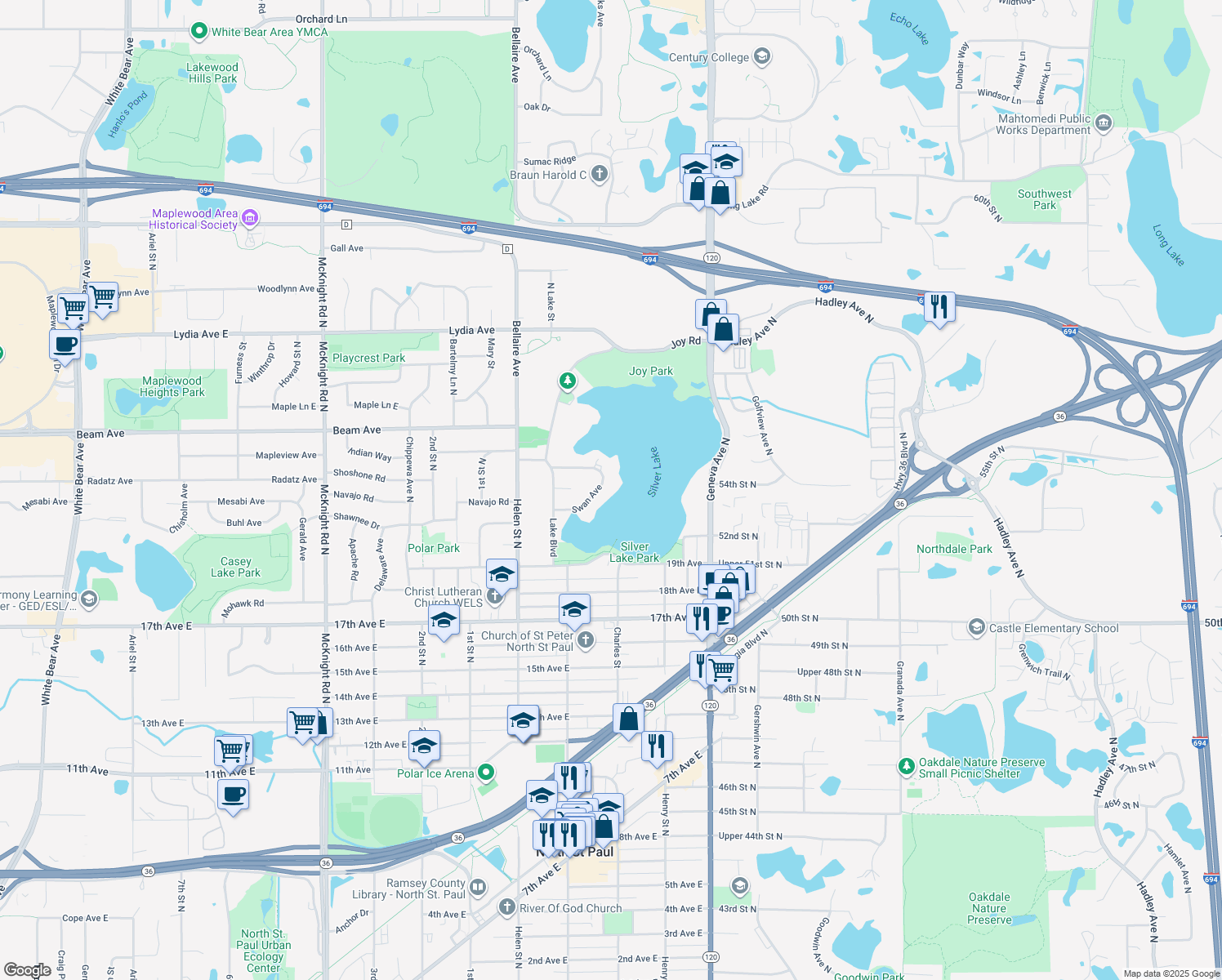 map of restaurants, bars, coffee shops, grocery stores, and more near 2614 Swan Avenue in Saint Paul