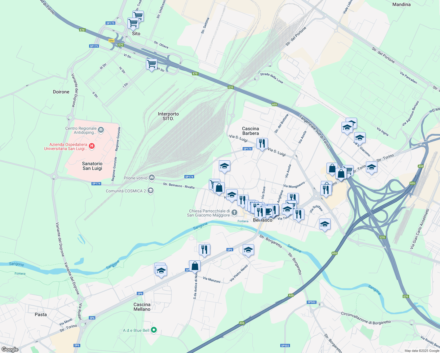 map of restaurants, bars, coffee shops, grocery stores, and more near 19 Via Cristoforo Colombo in Beinasco