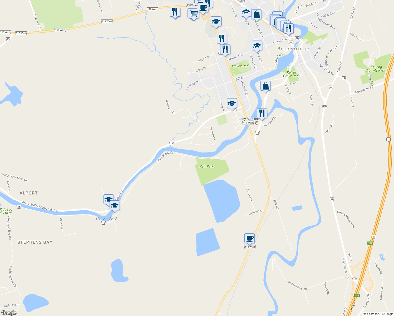 map of restaurants, bars, coffee shops, grocery stores, and more near 216 Beaumont Drive in Bracebridge