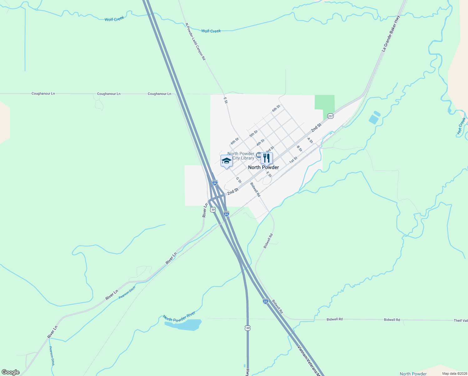 map of restaurants, bars, coffee shops, grocery stores, and more near 950 2nd St in North Powder