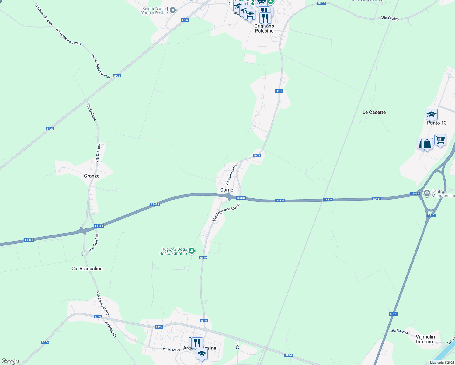 map of restaurants, bars, coffee shops, grocery stores, and more near 125 Via Santa Lucia in Corné
