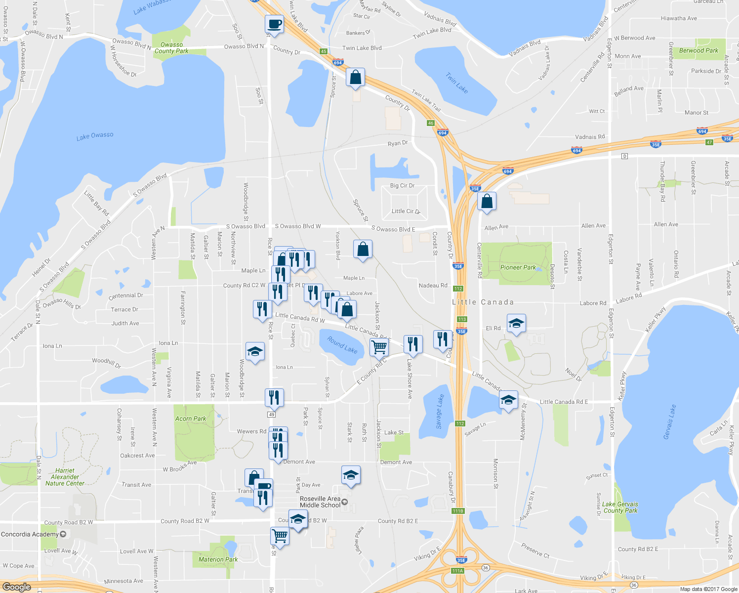 map of restaurants, bars, coffee shops, grocery stores, and more near 90 Labore Avenue in Saint Paul