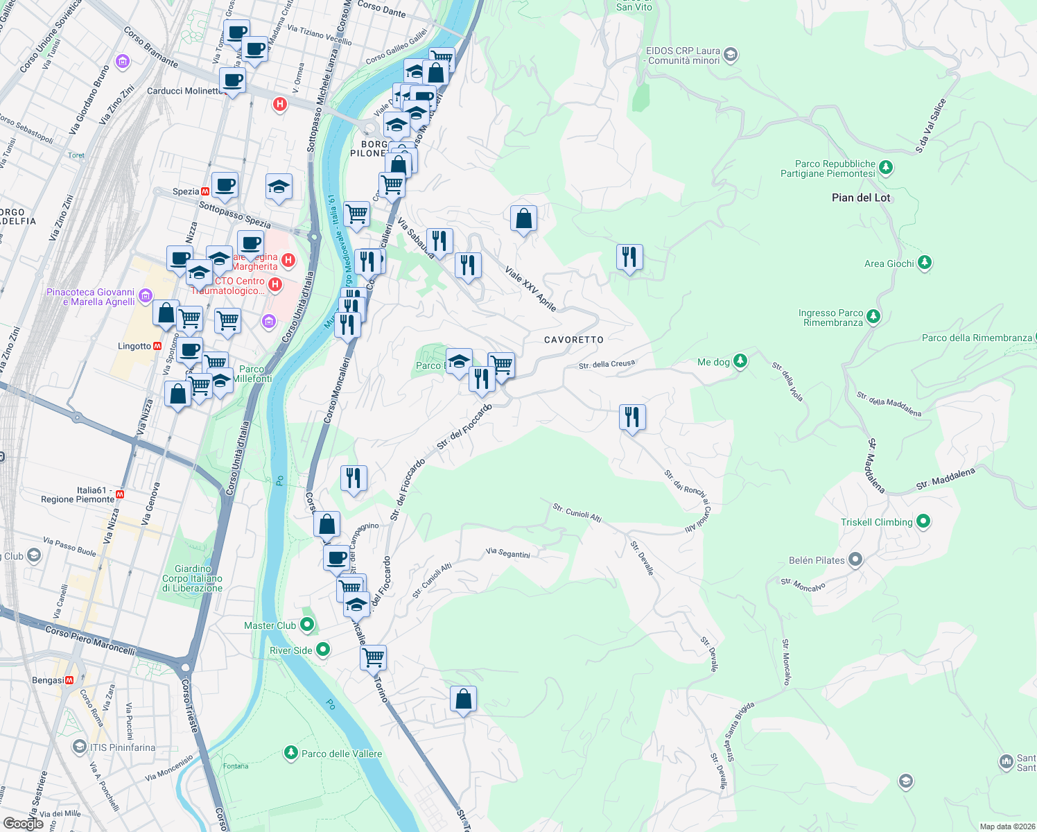 map of restaurants, bars, coffee shops, grocery stores, and more near Strada Cesere Meano in Turin