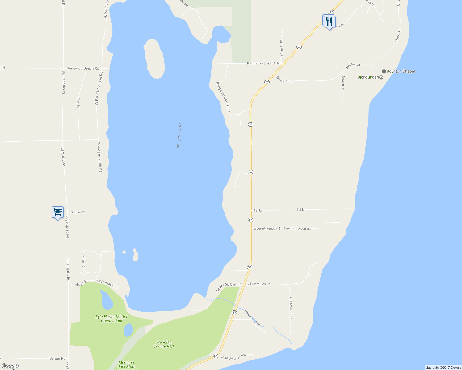 map of restaurants, bars, coffee shops, grocery stores, and more near 7359 Armato Lane in Baileys Harbor