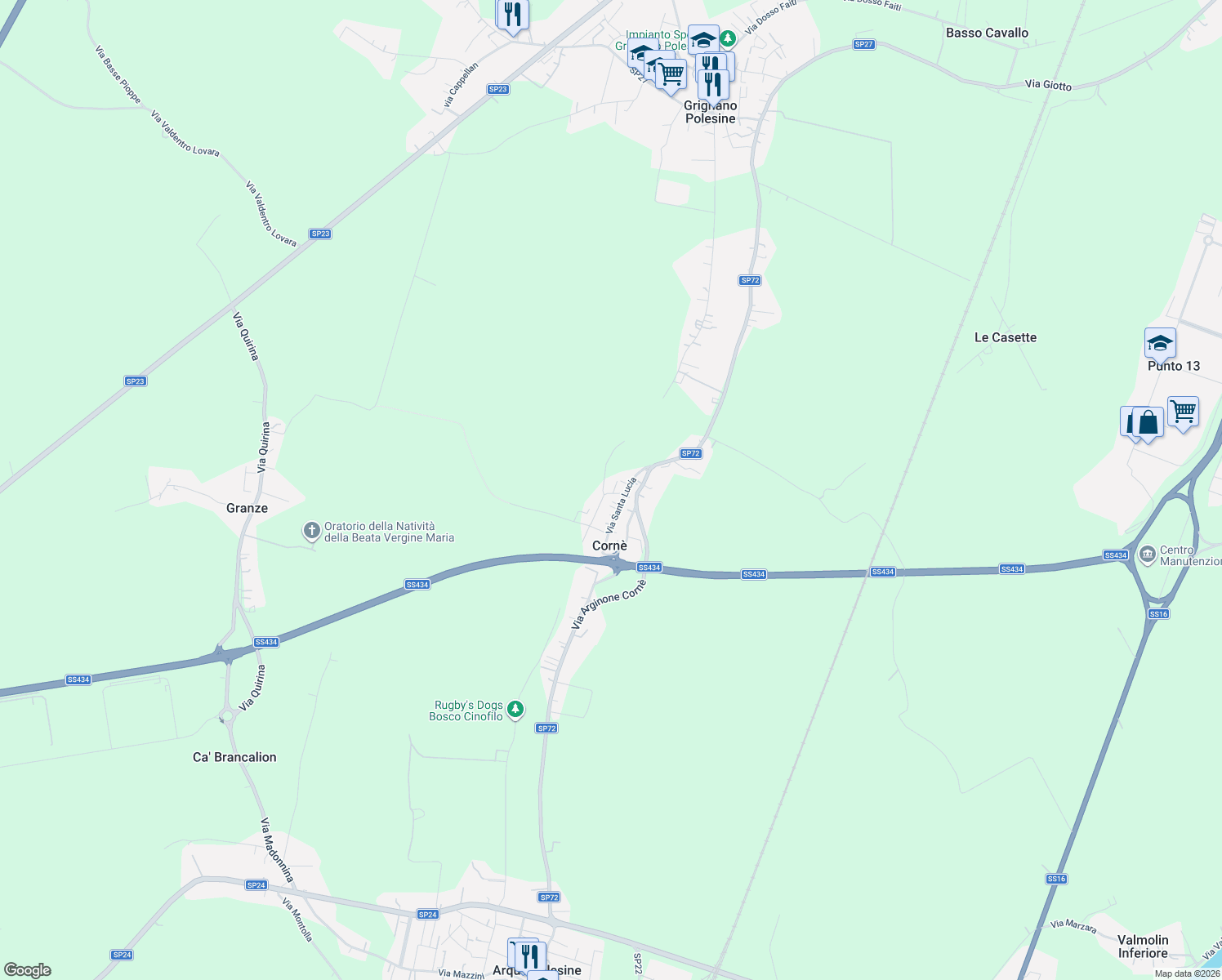 map of restaurants, bars, coffee shops, grocery stores, and more near 297 Via Bassa Corne' II° in Corné