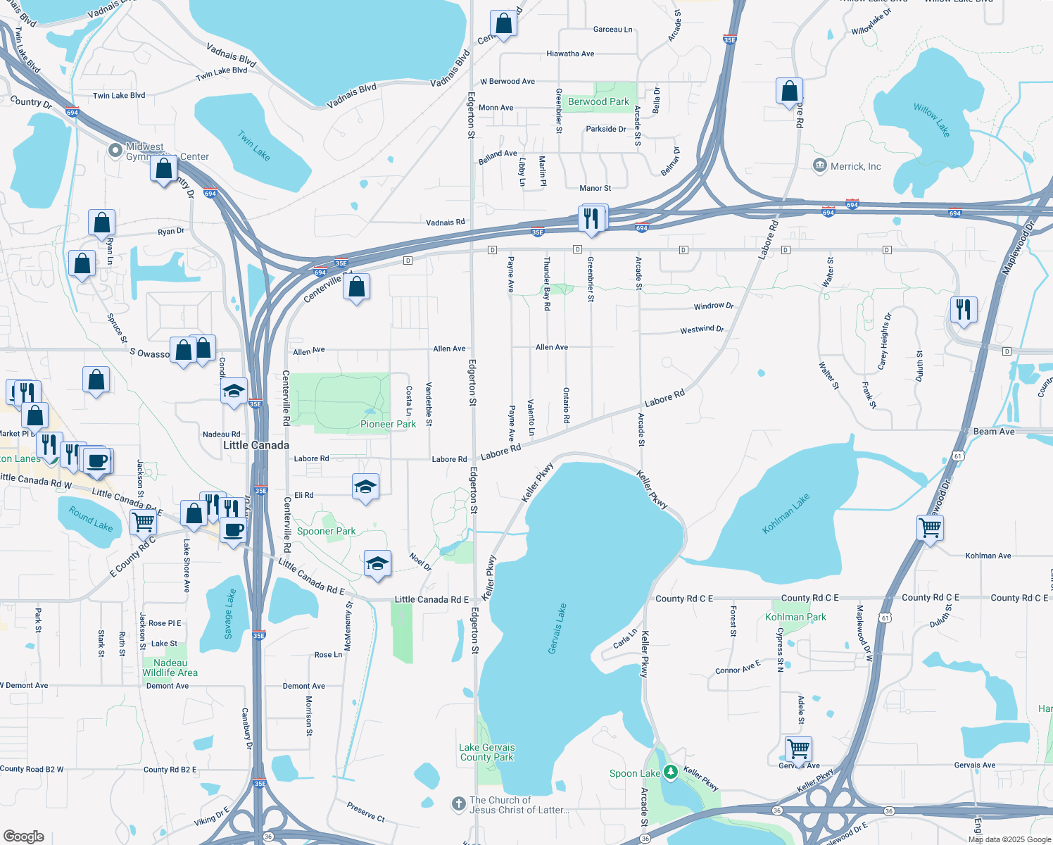 map of restaurants, bars, coffee shops, grocery stores, and more near 2901 Valento Ln in Little Canada