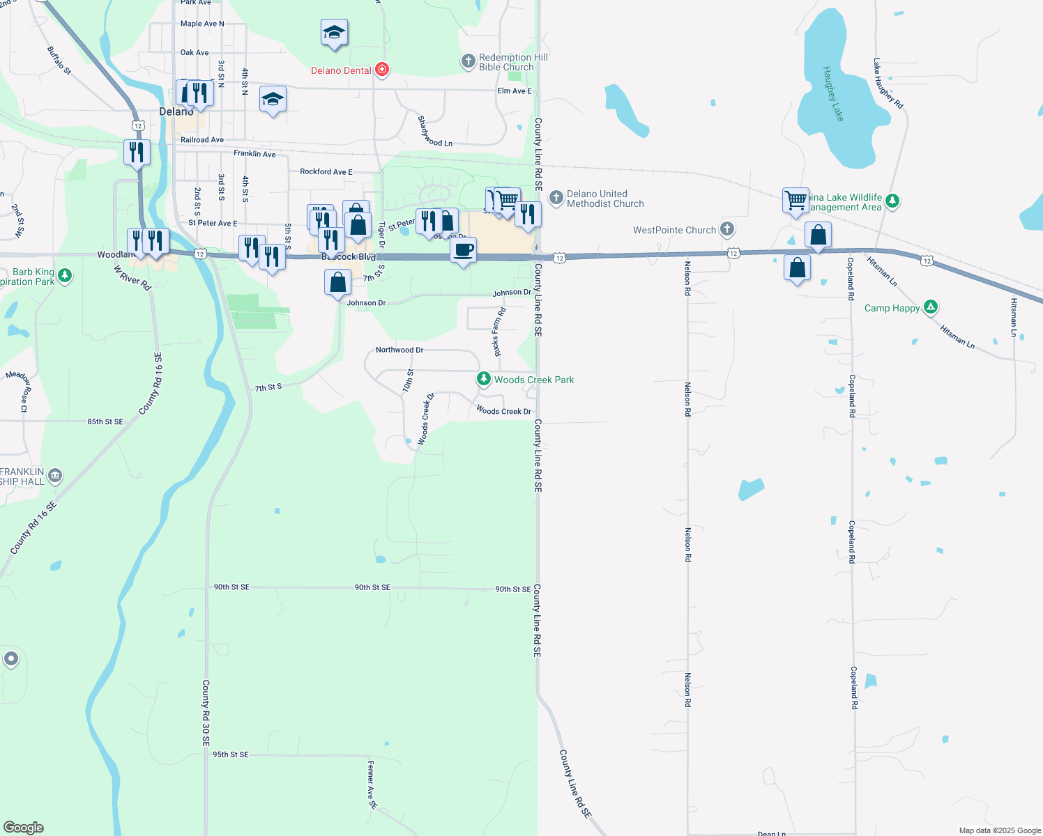map of restaurants, bars, coffee shops, grocery stores, and more near 1437 Woods Creek Drive in Delano