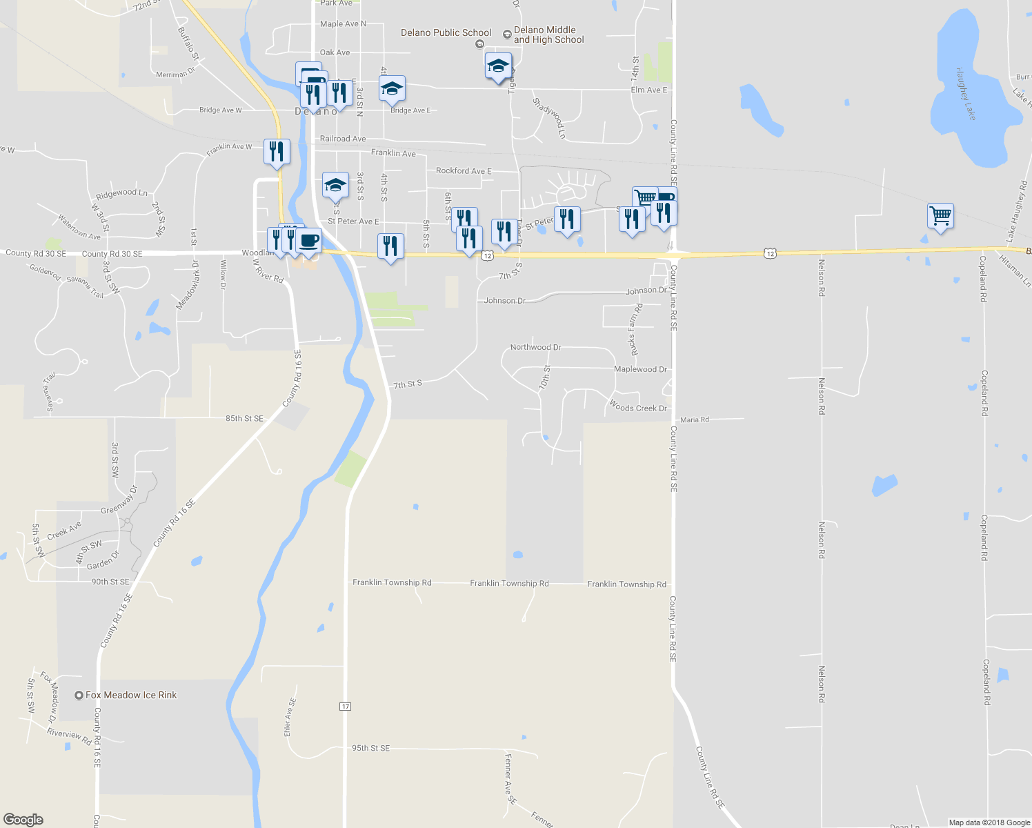 map of restaurants, bars, coffee shops, grocery stores, and more near 829 Amur Circle in Delano