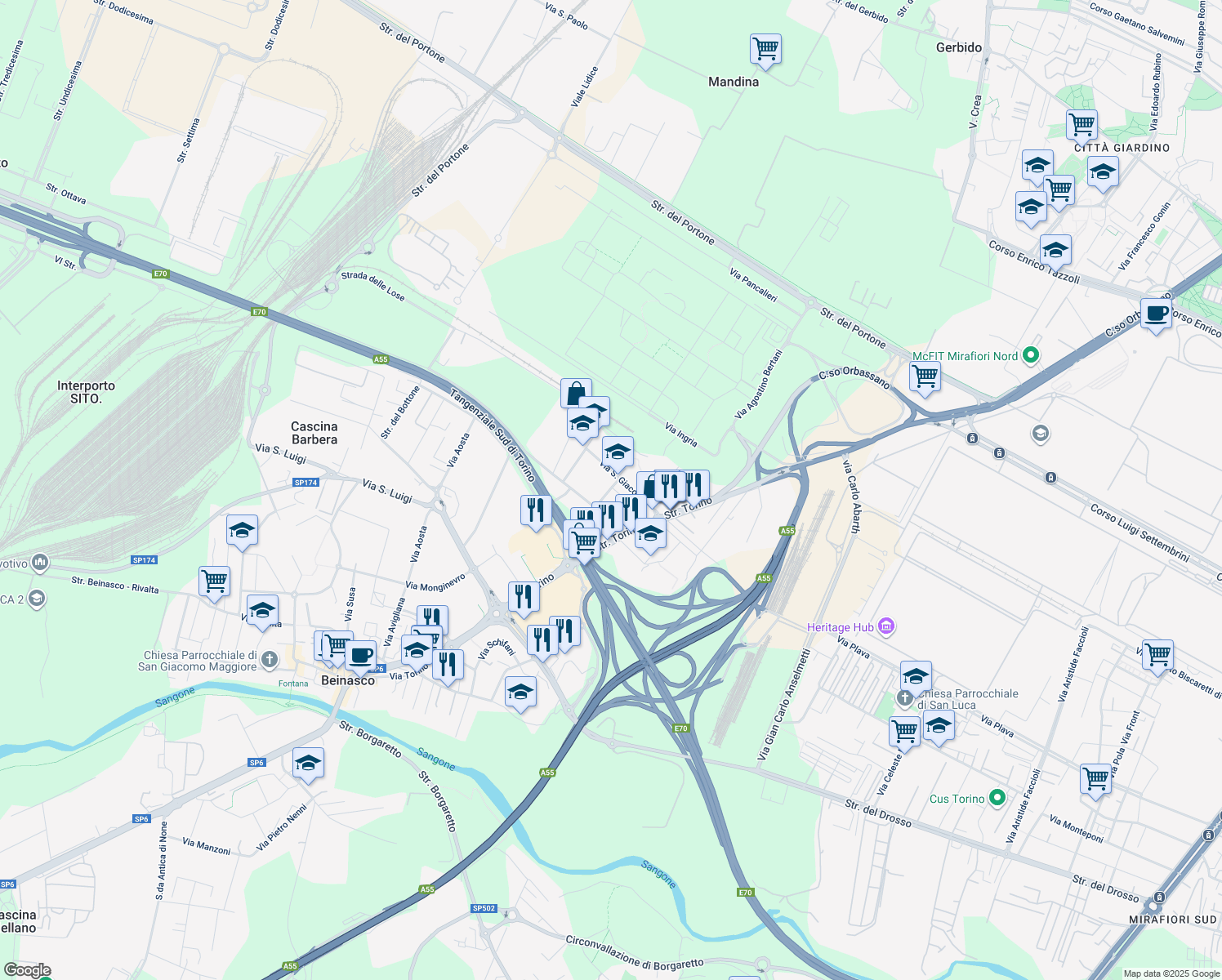 map of restaurants, bars, coffee shops, grocery stores, and more near Via Giacomo Puccini in Beinasco