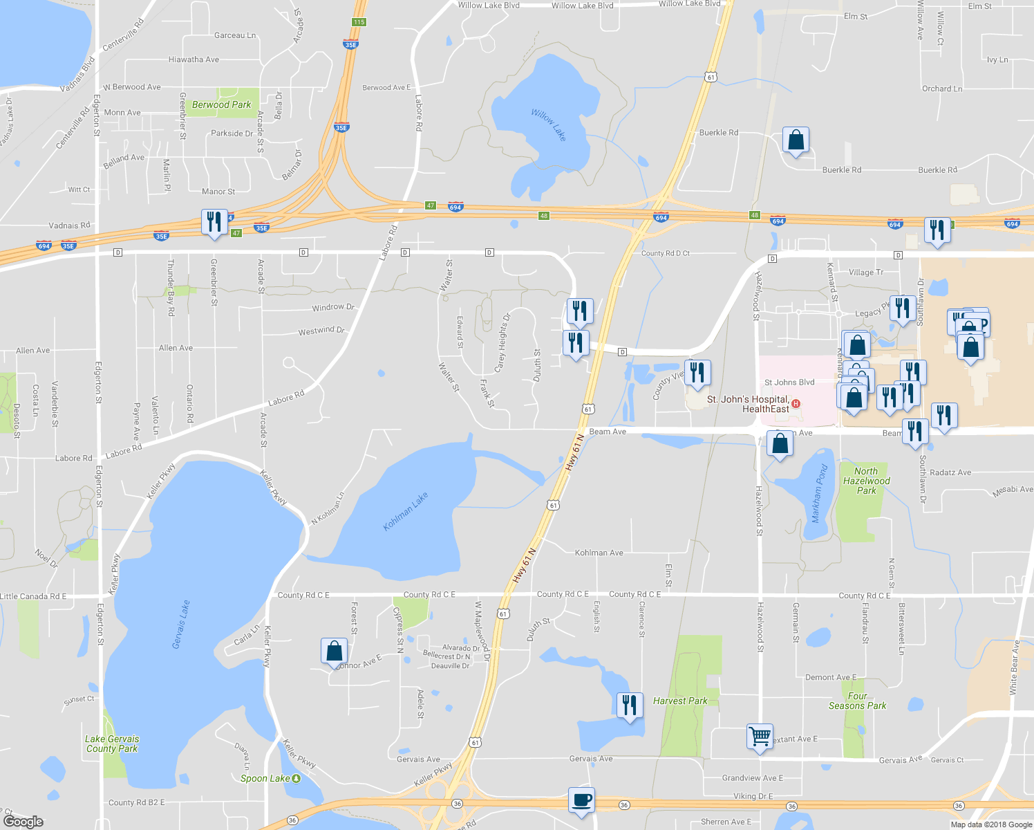 map of restaurants, bars, coffee shops, grocery stores, and more near 2900 Frank Street in Saint Paul