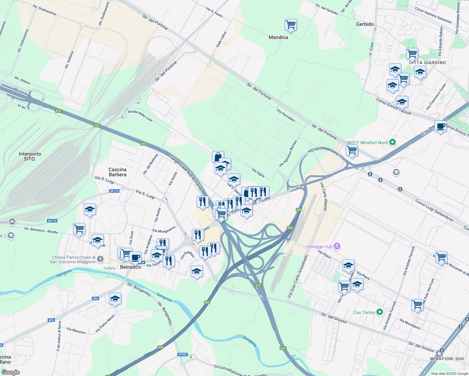 map of restaurants, bars, coffee shops, grocery stores, and more near Via Giacomo Puccini in Beinasco