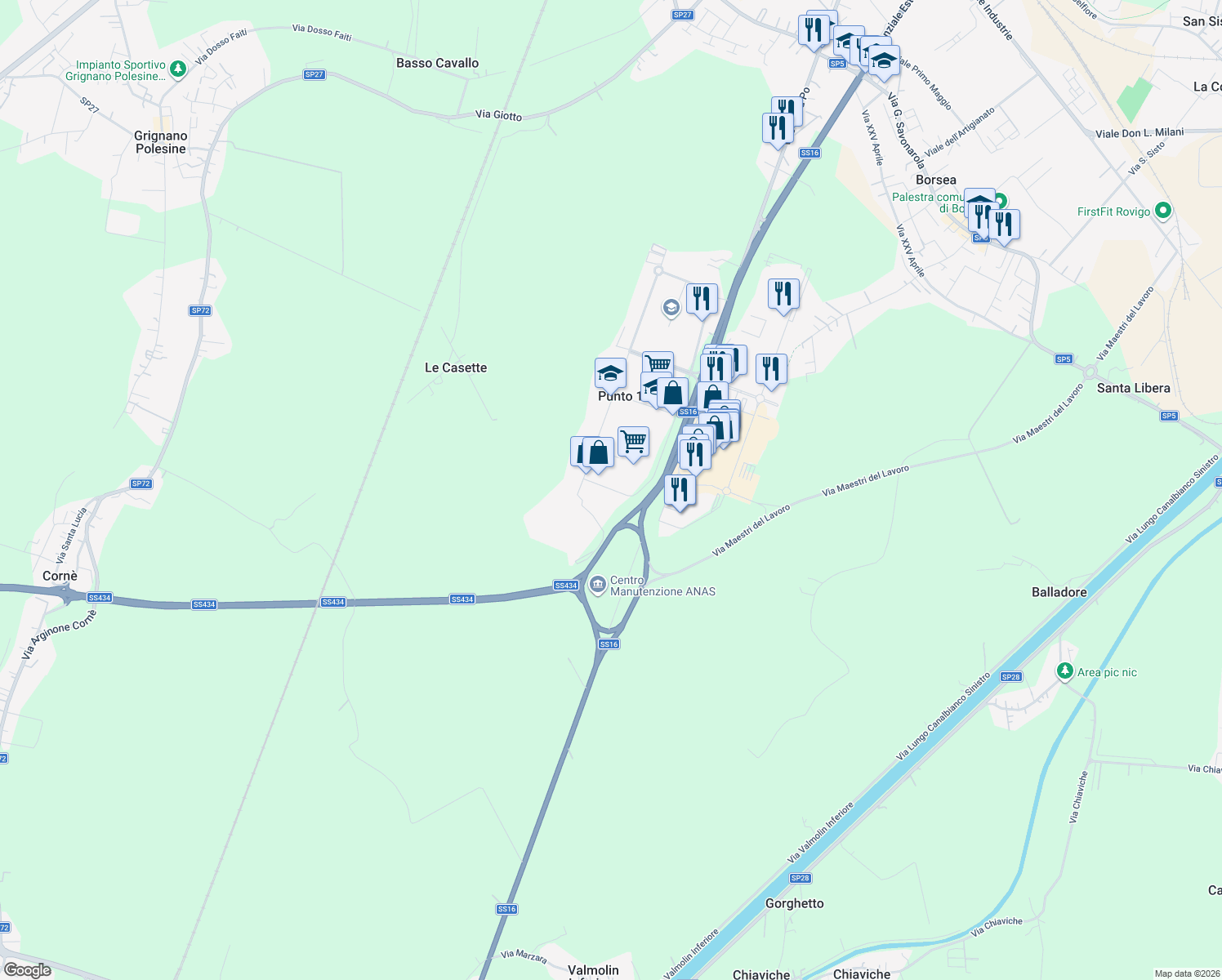 map of restaurants, bars, coffee shops, grocery stores, and more near 18 Viale della Cooperazione in Punto 13