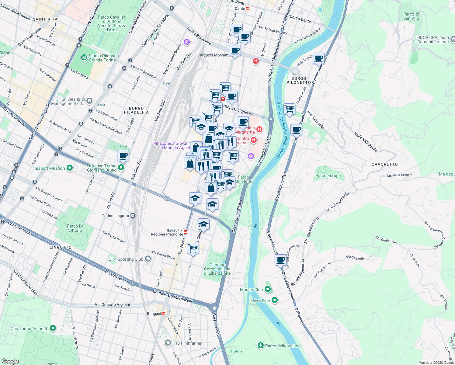map of restaurants, bars, coffee shops, grocery stores, and more near 65 Via Ventimiglia in Torino