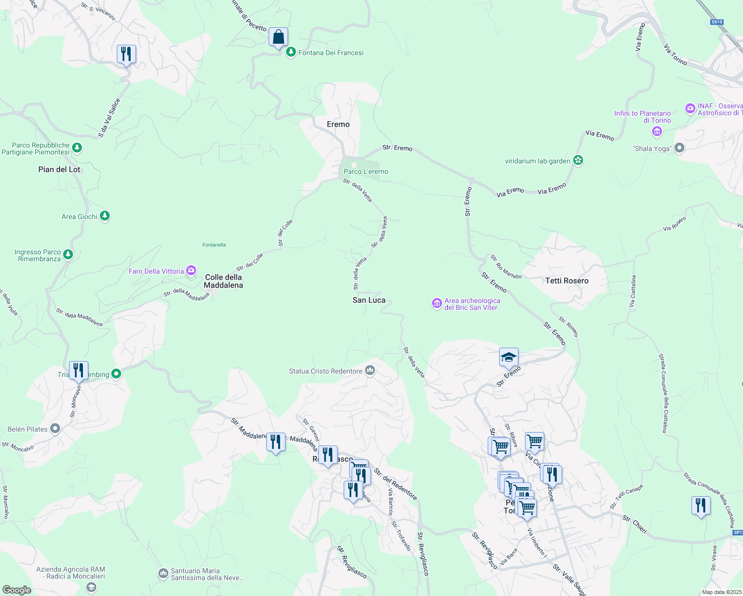 map of restaurants, bars, coffee shops, grocery stores, and more near 26 Strada della Vetta in San Luca