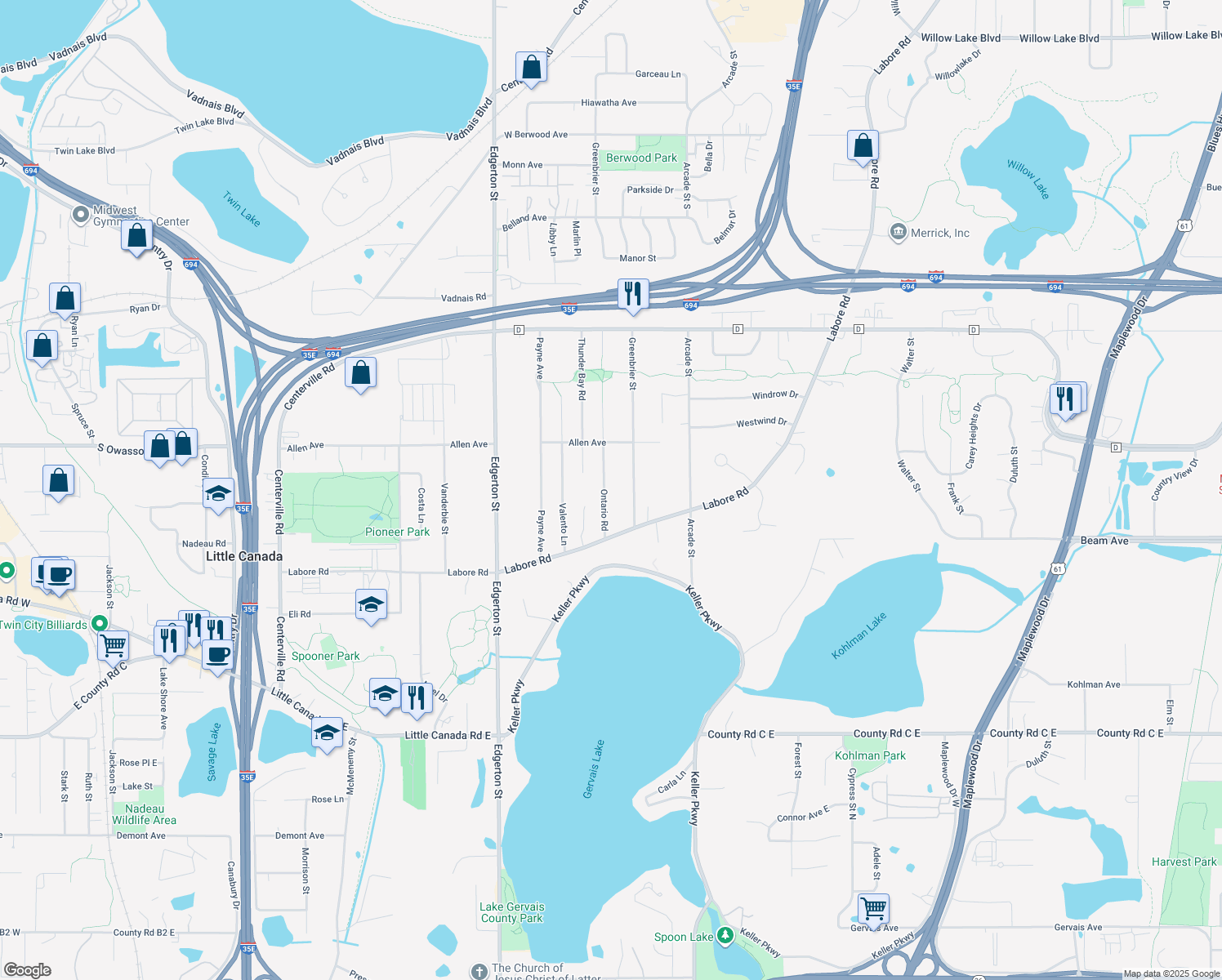 map of restaurants, bars, coffee shops, grocery stores, and more near 2948 Ontario Road in Little Canada