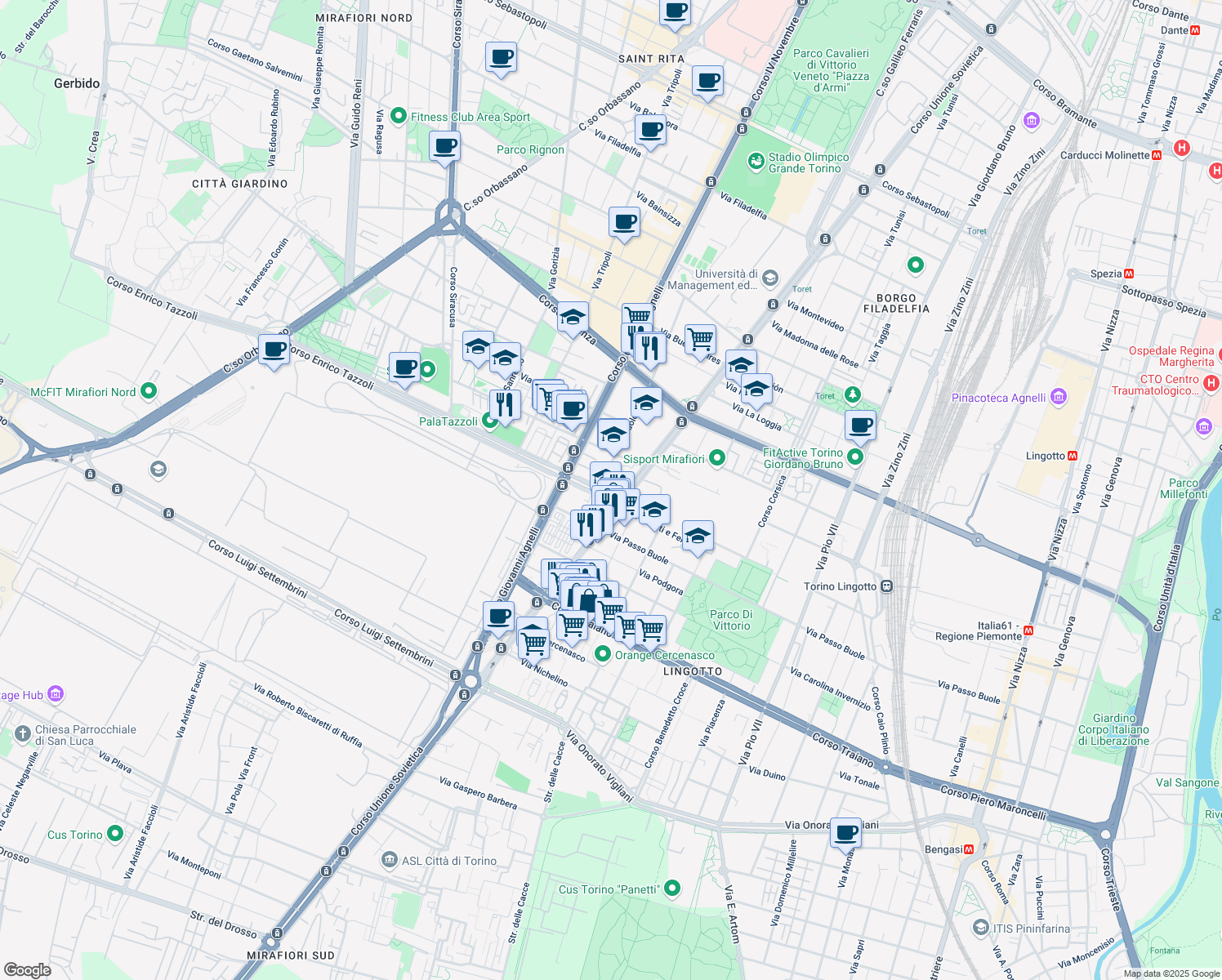 map of restaurants, bars, coffee shops, grocery stores, and more near 2a Corso Enrico Tazzoli in Torino