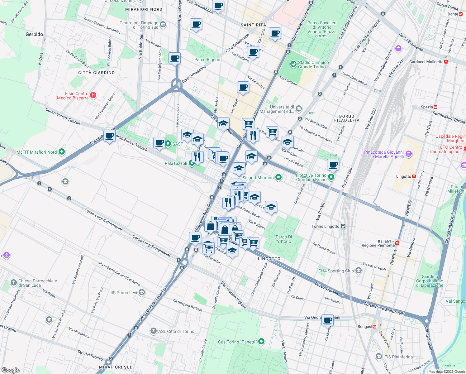 map of restaurants, bars, coffee shops, grocery stores, and more near 18 Corso Enrico Tazzoli in Torino