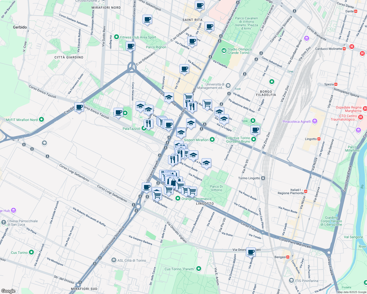 map of restaurants, bars, coffee shops, grocery stores, and more near 2a Corso Enrico Tazzoli in Torino