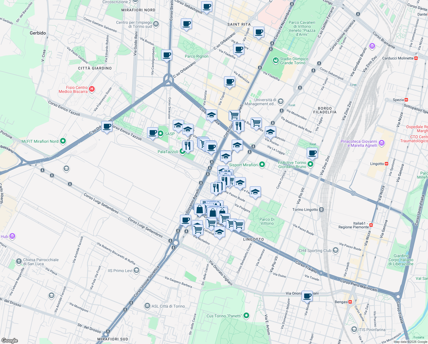 map of restaurants, bars, coffee shops, grocery stores, and more near 18 Corso Enrico Tazzoli in Torino
