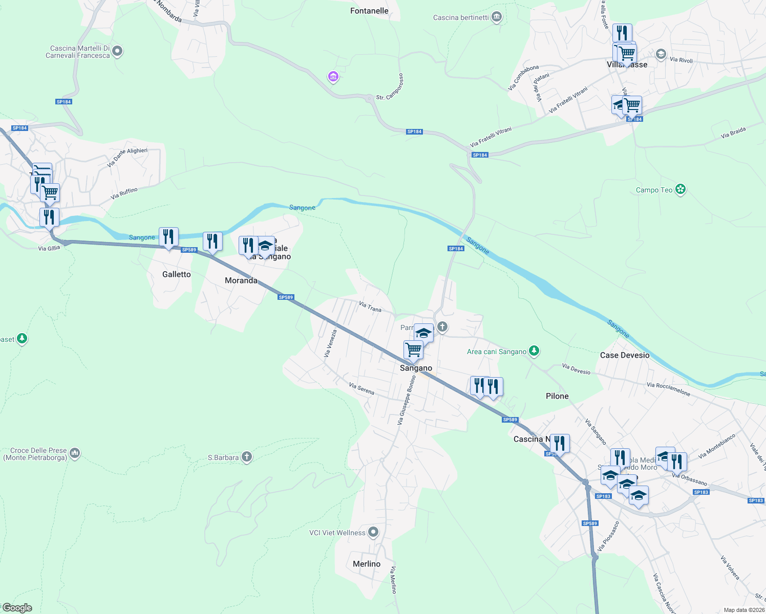 map of restaurants, bars, coffee shops, grocery stores, and more near 10 Via G. Verdi in Sangano