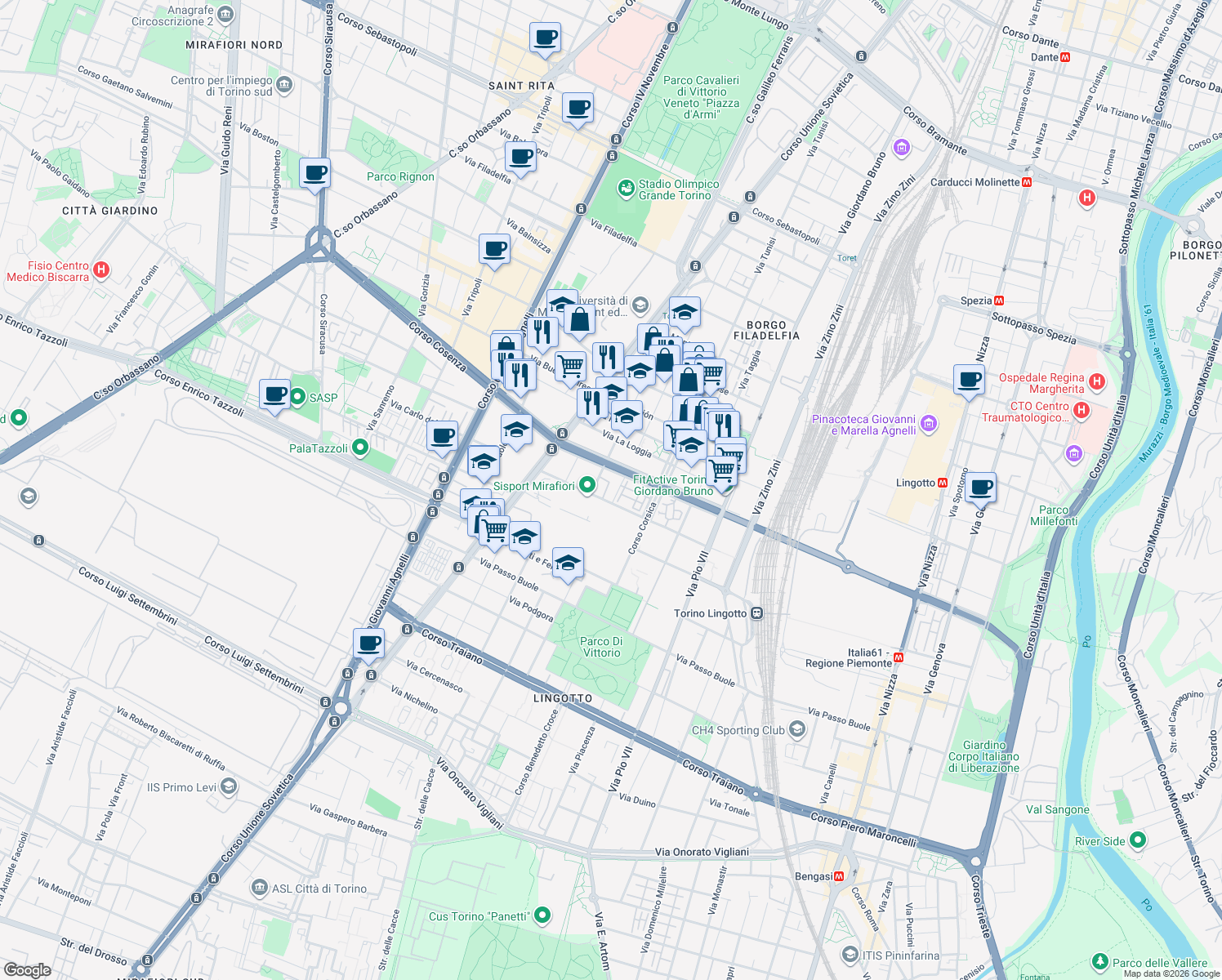 map of restaurants, bars, coffee shops, grocery stores, and more near 2-6 Via Pietro Francesco Guala in Turin
