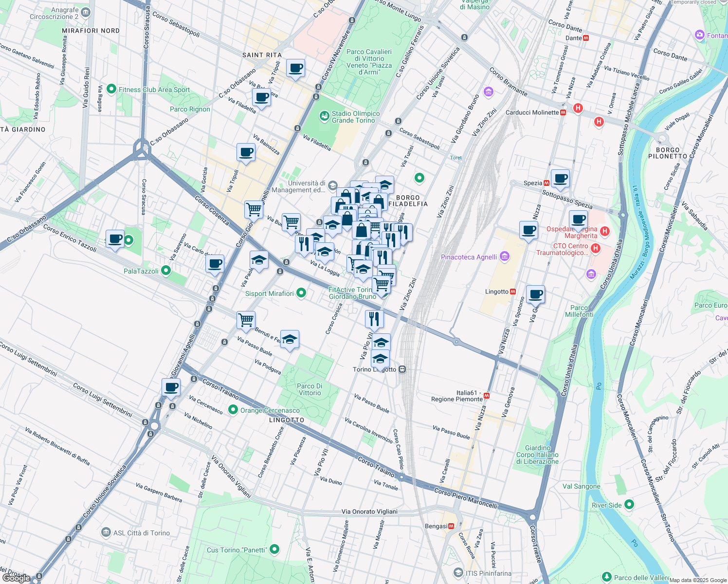 map of restaurants, bars, coffee shops, grocery stores, and more near 44-48 Via la Loggia in Torino