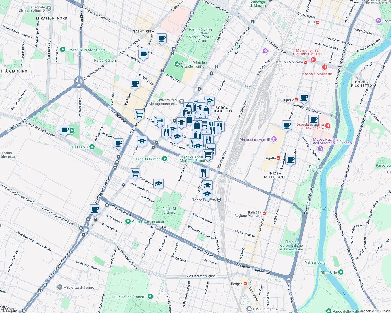 map of restaurants, bars, coffee shops, grocery stores, and more near 48 Via La Loggia in Torino